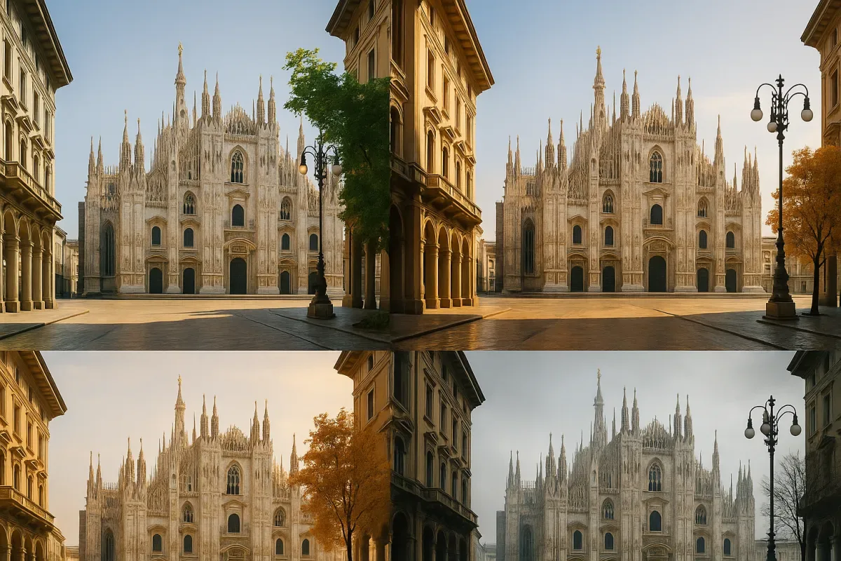 Comparing Milan by season A side-by-side visual comparison of Milan's seasons, contrasting milder spring and early autumn with hotter summer and colder winter conditions.