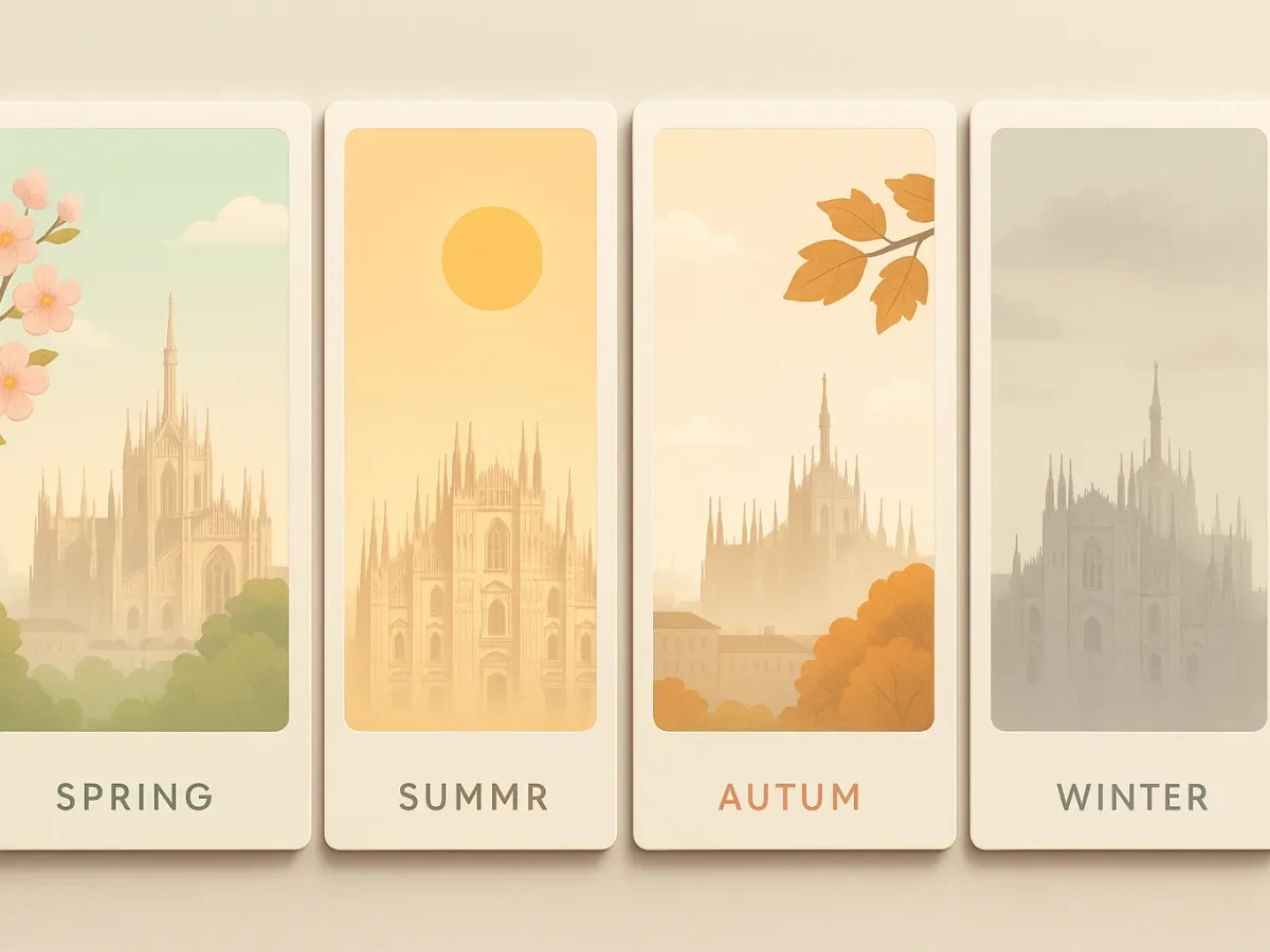 Milan season scorecard A polished seasonal overview of Milan showing spring and early autumn as the most comfortable periods, with summer and winter as more demanding options.